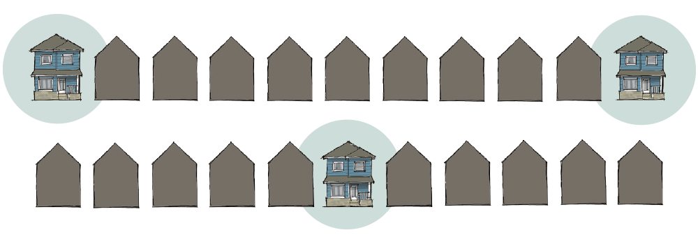 Similar houses on a street spaced apart